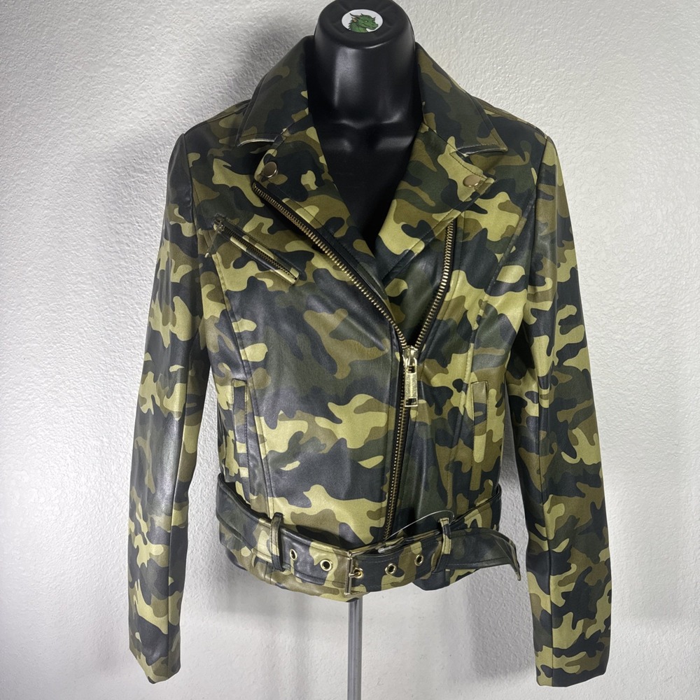 Michael Kors Army Camo Vegan Leather Moto Biker Jacket XS Military Camouflage